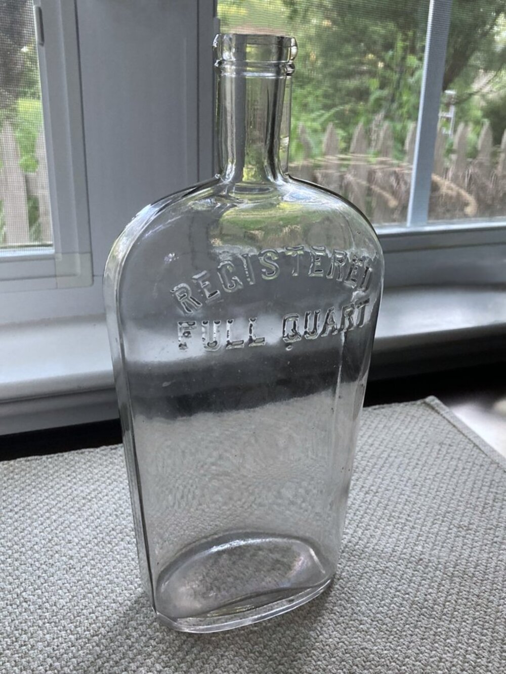 Antique Registered Full Quart Whiskey Strap Side Flask Bottle, Unique bubble!